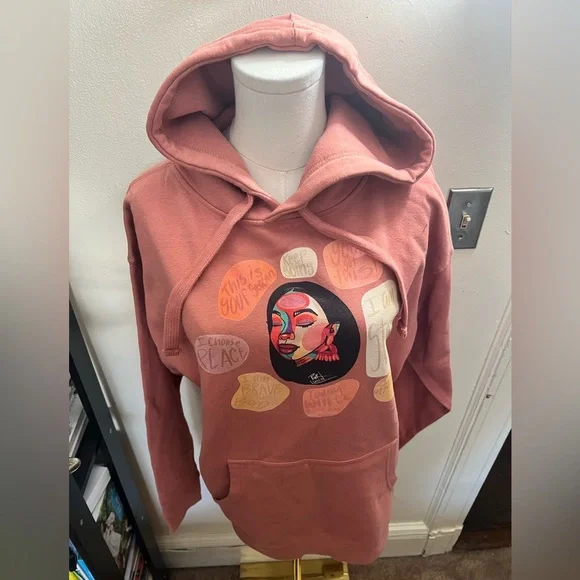 NWOT Pink Lomein Rust Pink Graphic Hoodie Sweatshirt with Artistic Face Print - Picture 3 of 6